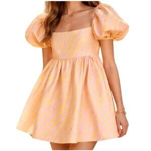 AZEEZA Kam Raw Silk Puff Sleeve Mini Dress Pink Yellow Zebra Statement - Size S